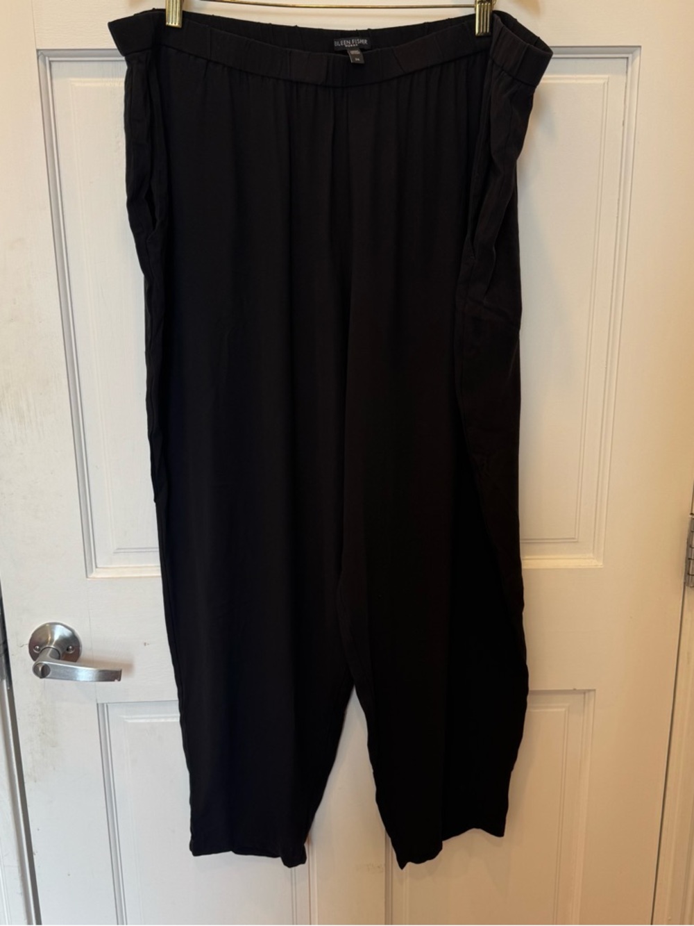 Eileen Fisher Woman 3X Black 100% Silk Georgette Crepe Wide Leg Pull On Pants